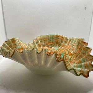 Art Glass Bowl Hand Blown Centerpiece ruffled rim, white base, red & green frit